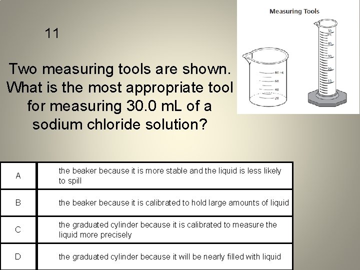 11 Two measuring tools are shown. What is the most appropriate tool for measuring