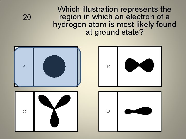 20 Which illustration represents the region in which an electron of a hydrogen atom