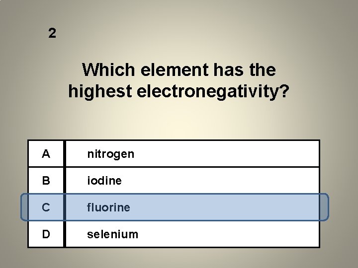 2 Which element has the highest electronegativity? A nitrogen B iodine C fluorine D