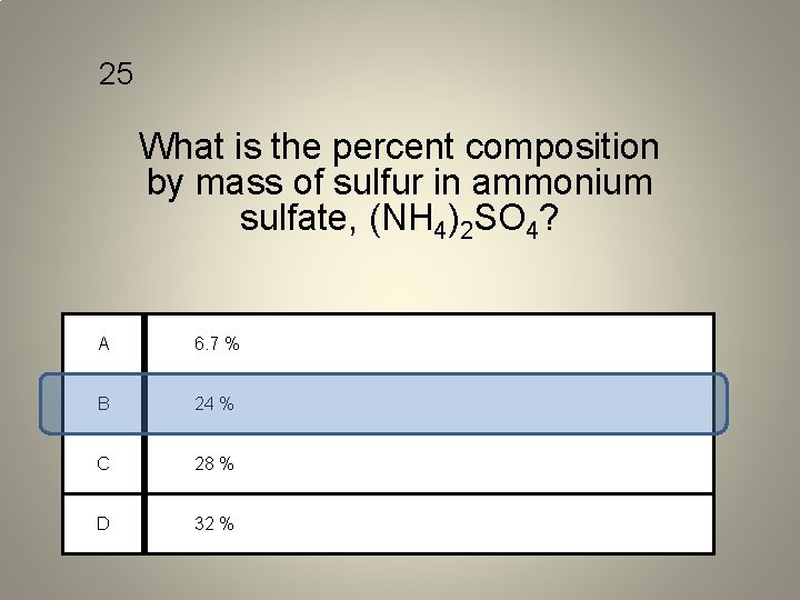 25 What is the percent composition by mass of sulfur in ammonium sulfate, (NH