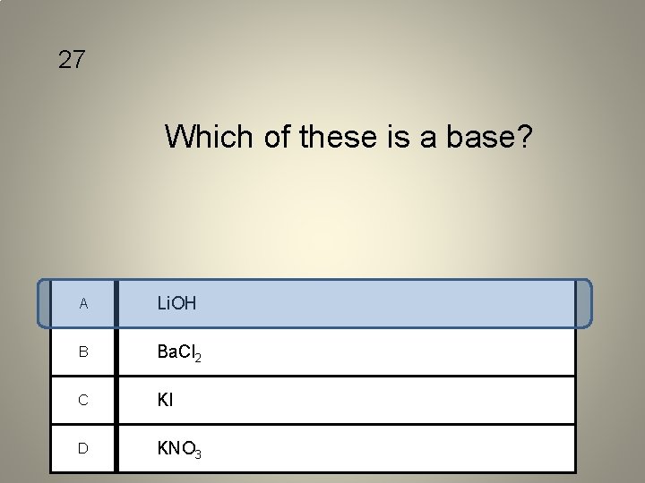 27 Which of these is a base? A Li. OH B Ba. Cl 2
