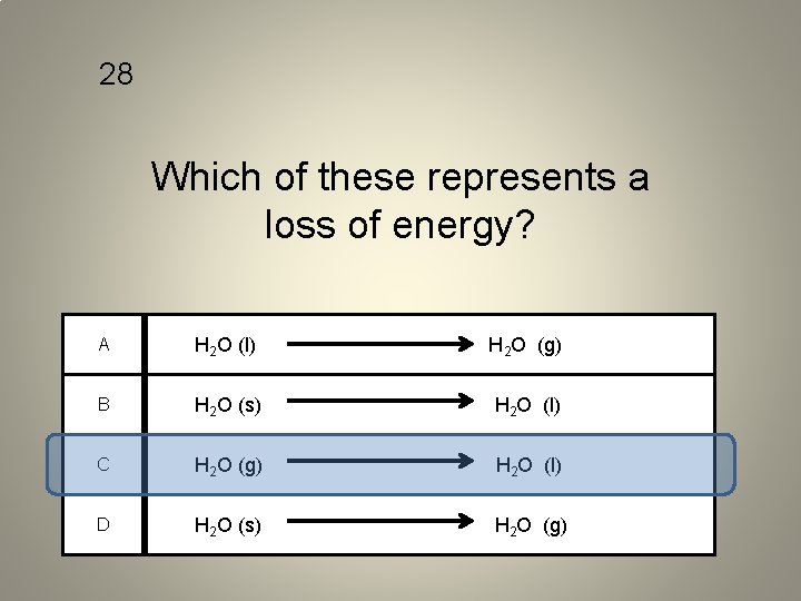 28 Which of these represents a loss of energy? A H 2 O (l)