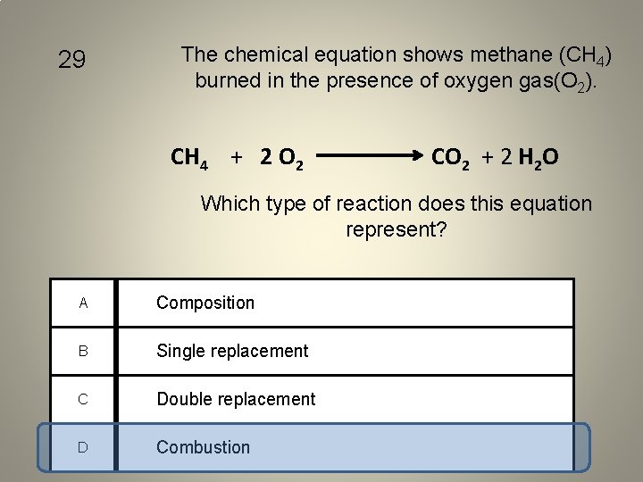 29 The chemical equation shows methane (CH 4) burned in the presence of oxygen