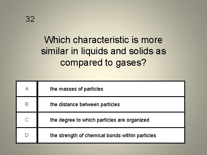 32 Which characteristic is more similar in liquids and solids as compared to gases?