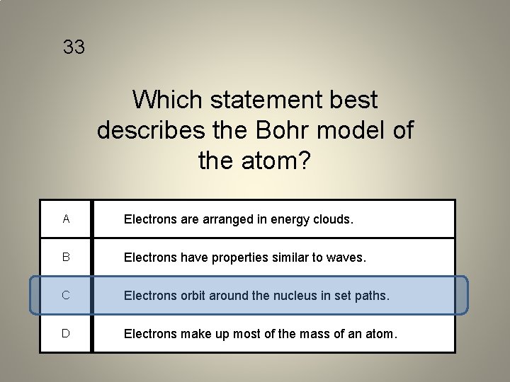 33 Which statement best describes the Bohr model of the atom? A Electrons are