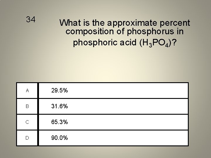 34 What is the approximate percent composition of phosphorus in phosphoric acid (H 3