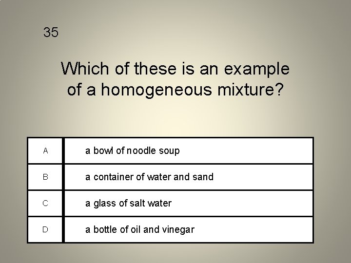 35 Which of these is an example of a homogeneous mixture? A a bowl
