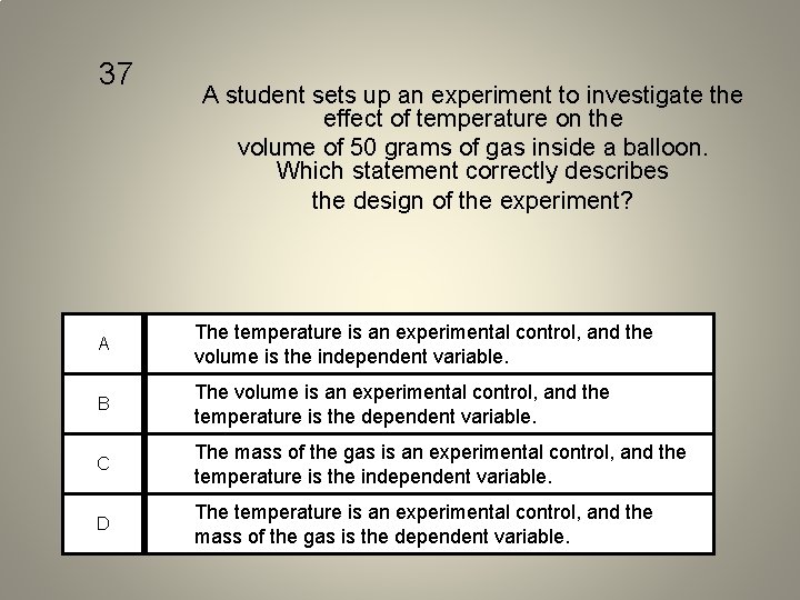 37 A student sets up an experiment to investigate the effect of temperature on