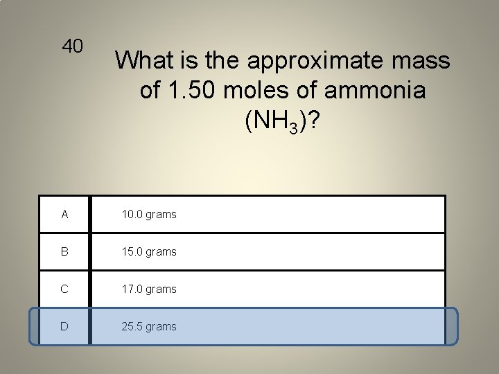 40 What is the approximate mass of 1. 50 moles of ammonia (NH 3)?