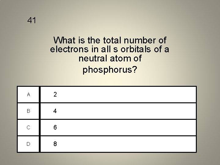 41 What is the total number of electrons in all s orbitals of a