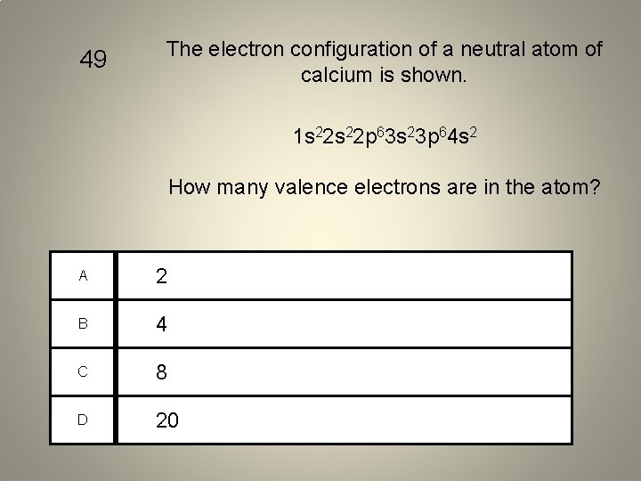 49 The electron configuration of a neutral atom of calcium is shown. 1 s