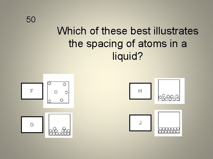 50 Which of these best illustrates the spacing of atoms in a liquid? F
