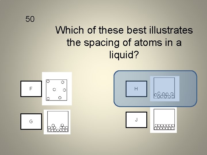 50 Which of these best illustrates the spacing of atoms in a liquid? F