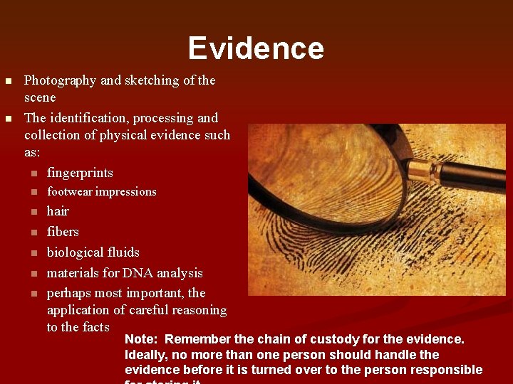 Evidence n n Photography and sketching of the scene The identification, processing and collection