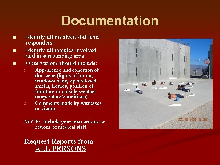 Documentation n Identify all involved staff and responders Identify all inmates involved and in