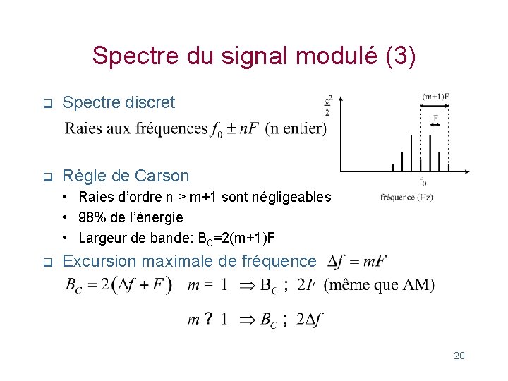 Spectre du signal modulé (3) q Spectre discret q Règle de Carson • Raies Spectre du signal modulé (3) q Spectre discret q Règle de Carson • Raies
