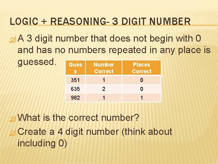 LOGIC + REASONING- 3 DIGIT NUMBER A 3 digit number that does not begin