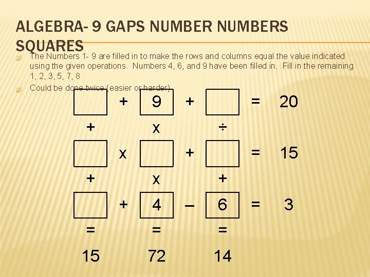 ALGEBRA- 9 GAPS NUMBERS SQUARES The Numbers 1 - 9 are filled in to