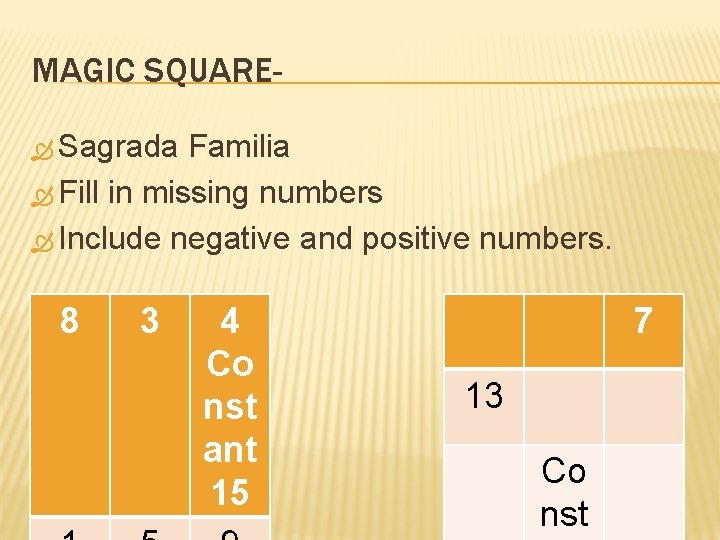 MAGIC SQUARE Sagrada Familia Fill in missing numbers Include negative and positive numbers. 8