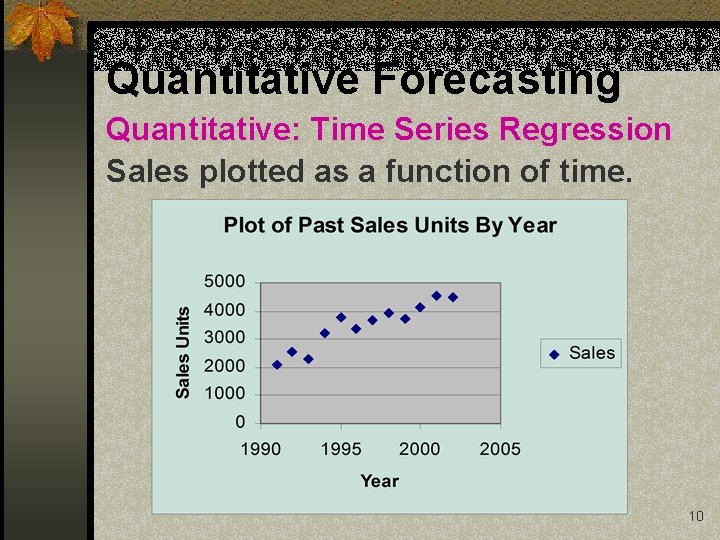 Quantitative Forecasting Quantitative: Time Series Regression Sales plotted as a function of time. 10