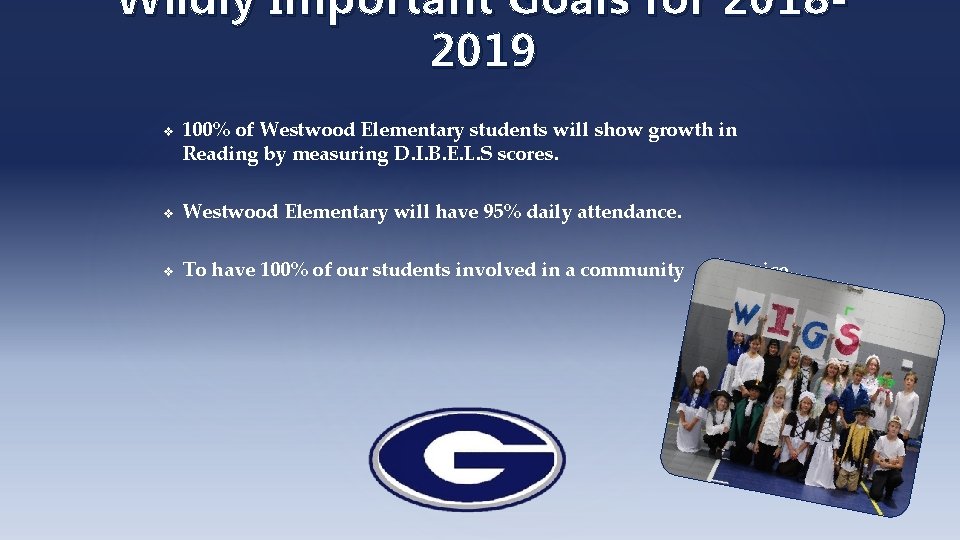 Wildly Important Goals for 20182019 v v 100% of Westwood Elementary students will show