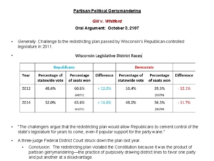 Partisan-Political Gerrymandering Gill v. Whitford Oral Argument: October 3, 2107 • Generally. Challenge to Partisan-Political Gerrymandering Gill v. Whitford Oral Argument: October 3, 2107 • Generally. Challenge to