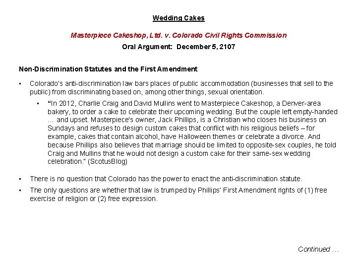 Wedding Cakes Masterpiece Cakeshop, Ltd. v. Colorado Civil Rights Commission Oral Argument: December 5, Wedding Cakes Masterpiece Cakeshop, Ltd. v. Colorado Civil Rights Commission Oral Argument: December 5,