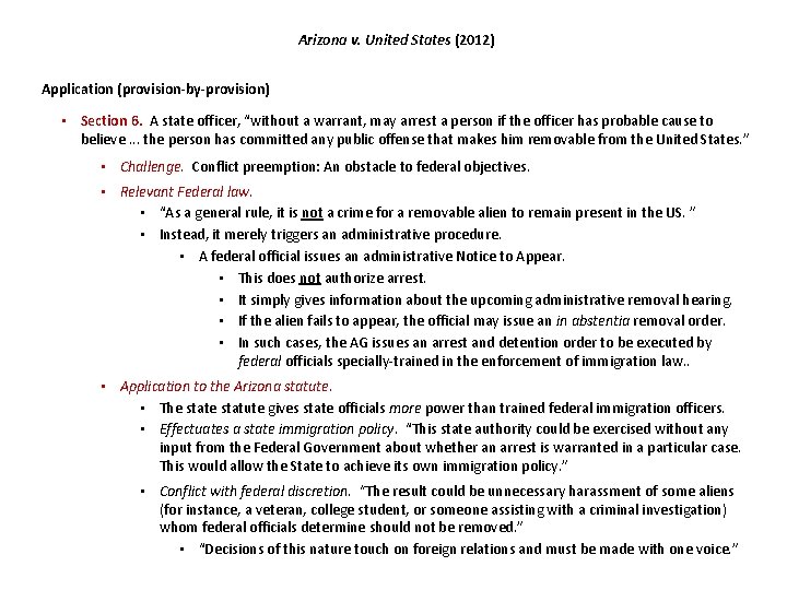 Arizona v. United States (2012) Application (provision-by-provision) • Section 6. A state officer, “without Arizona v. United States (2012) Application (provision-by-provision) • Section 6. A state officer, “without