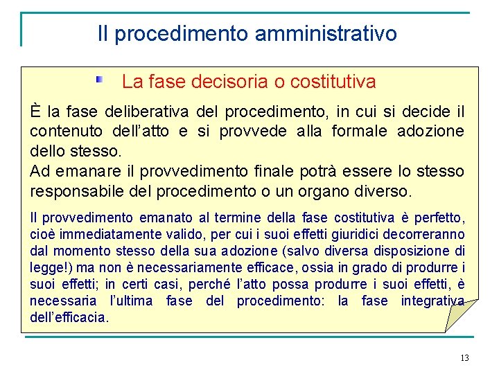 Il procedimento amministrativo La fase decisoria o costitutiva È la fase deliberativa del procedimento,