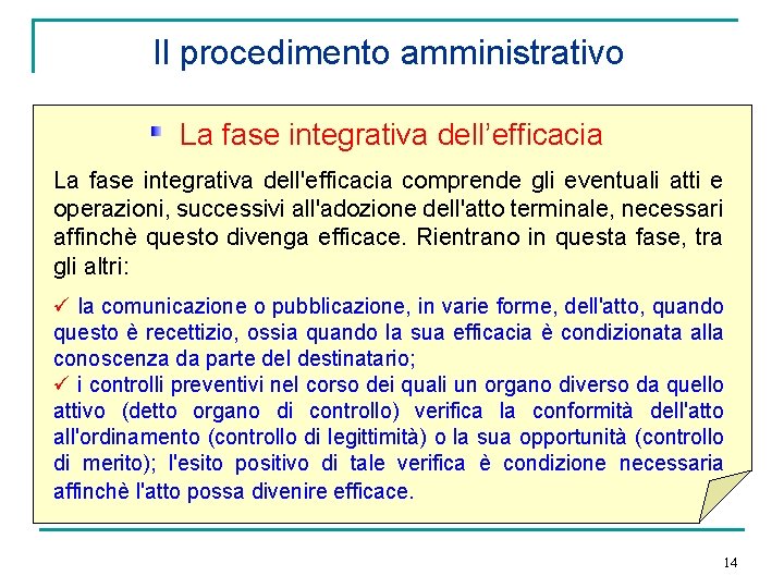 Il procedimento amministrativo La fase integrativa dell’efficacia La fase integrativa dell'efficacia comprende gli eventuali