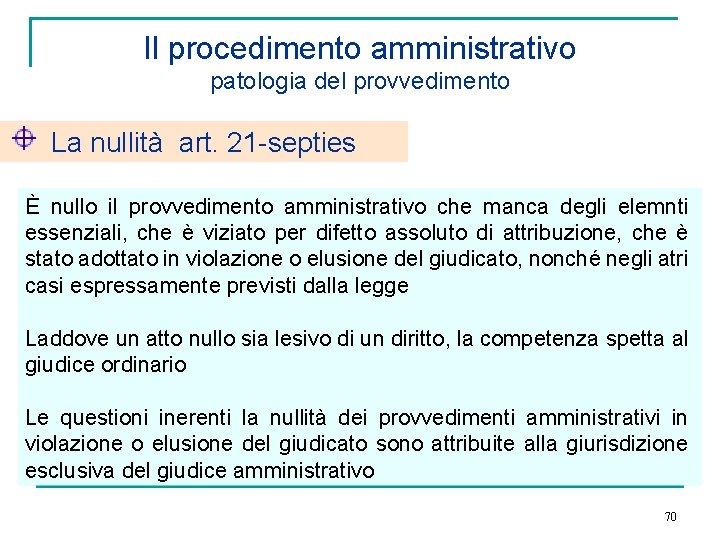 Il procedimento amministrativo patologia del provvedimento La nullità art. 21 -septies È nullo il