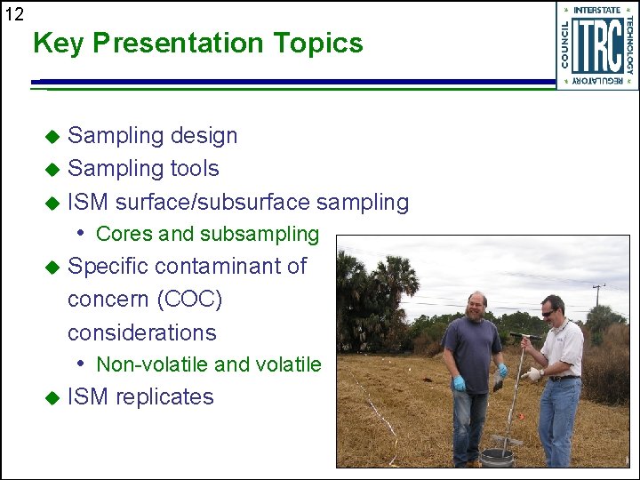 12 Key Presentation Topics Sampling design u Sampling tools u ISM surface/subsurface sampling u