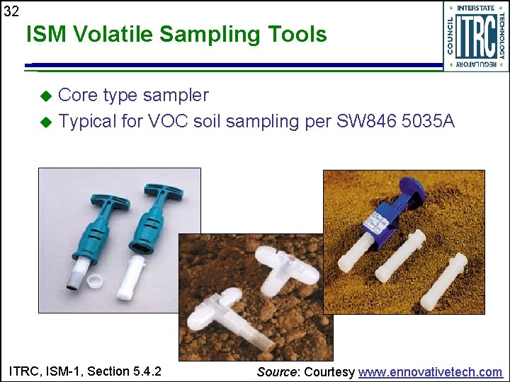 32 ISM Volatile Sampling Tools Core type sampler u Typical for VOC soil sampling
