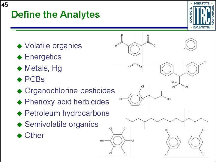 45 Define the Analytes Volatile organics u Energetics u Metals, Hg u PCBs u