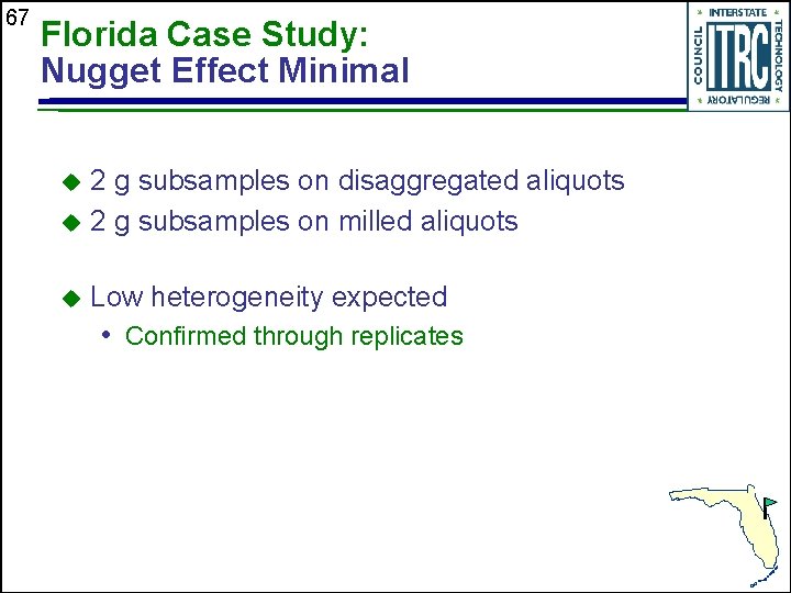 67 Florida Case Study: Nugget Effect Minimal 2 g subsamples on disaggregated aliquots u