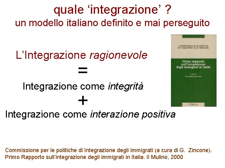 quale ‘integrazione’ ? un modello italiano definito e mai perseguito L’Integrazione ragionevole = Integrazione