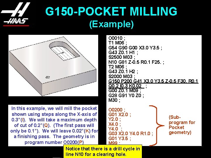 G 150 -POCKET MILLING (Example) O 0010 ; T 1 M 06 ; G
