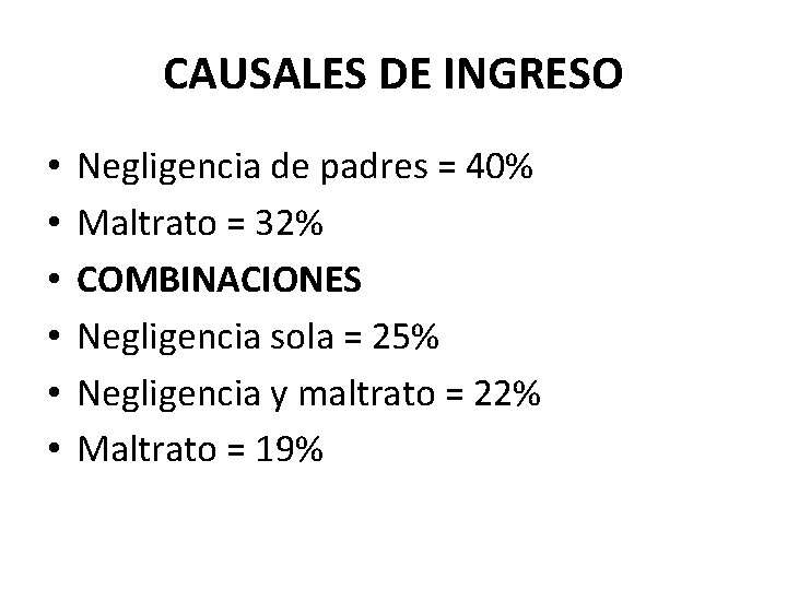 CAUSALES DE INGRESO • • • Negligencia de padres = 40% Maltrato = 32%