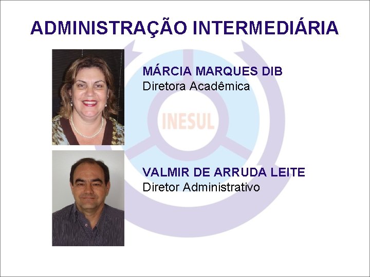 ADMINISTRAÇÃO INTERMEDIÁRIA MÁRCIA MARQUES DIB Diretora Acadêmica VALMIR DE ARRUDA LEITE Diretor Administrativo 