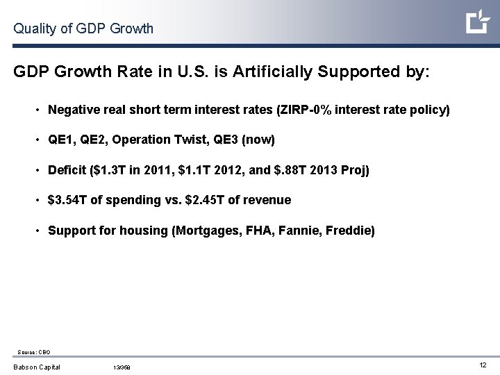 Quality of GDP Growth Rate in U. S. is Artificially Supported by: • Negative