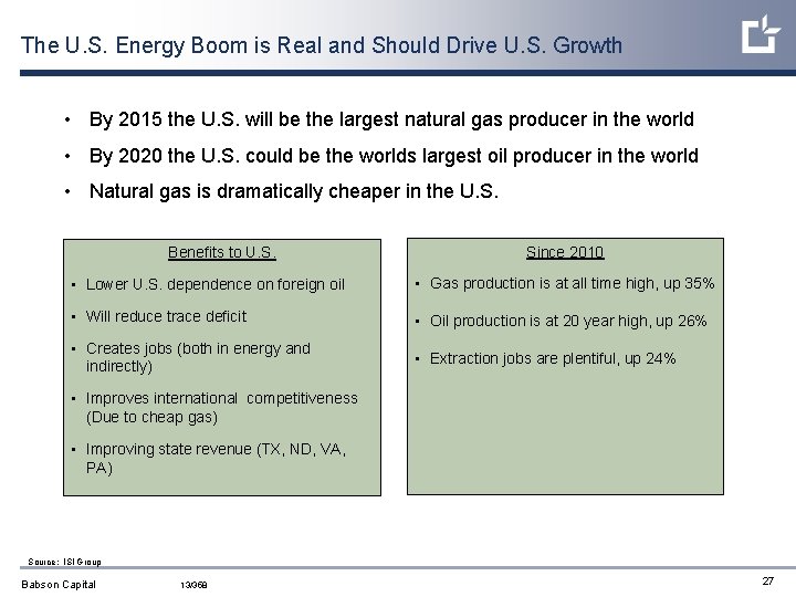 The U. S. Energy Boom is Real and Should Drive U. S. Growth •