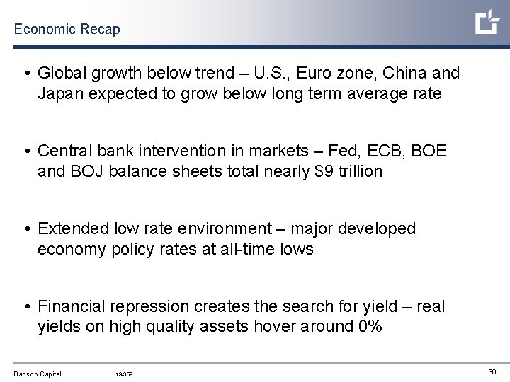 Economic Recap • Global growth below trend – U. S. , Euro zone, China