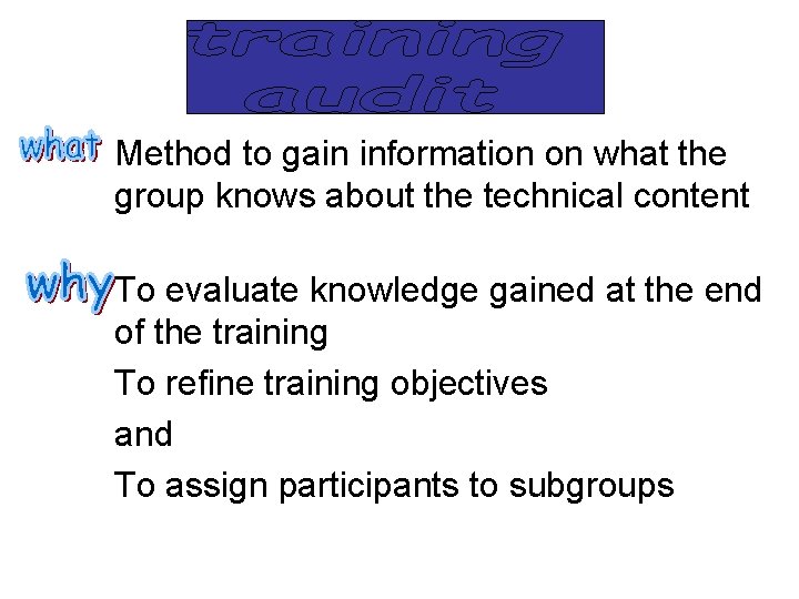 Method to gain information on what the group knows about the technical content To