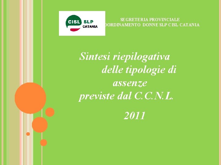 SEGRETERIA PROVINCIALE COORDINAMENTO DONNE SLP CISL CATANIA Sintesi riepilogativa delle tipologie di assenze previste SEGRETERIA PROVINCIALE COORDINAMENTO DONNE SLP CISL CATANIA Sintesi riepilogativa delle tipologie di assenze previste