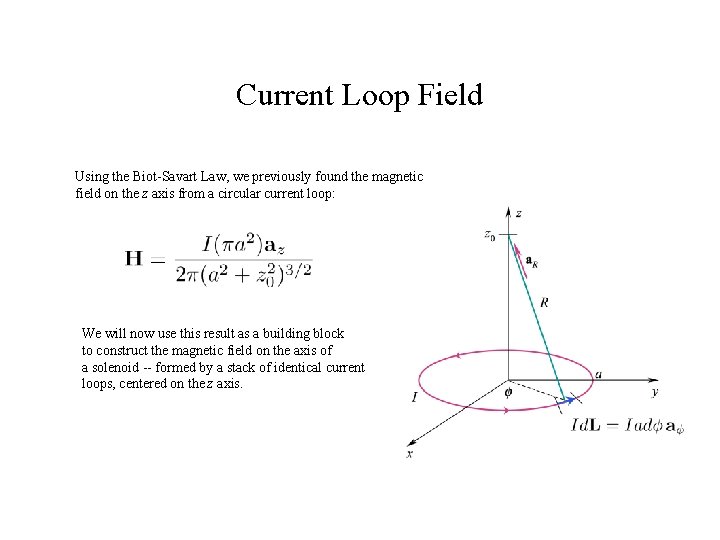 Current Loop Field Using the Biot-Savart Law, we previously found the magnetic field on