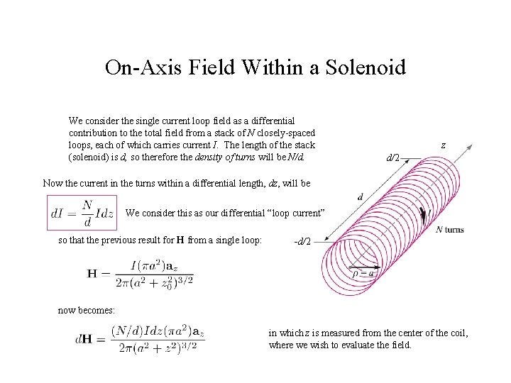 On-Axis Field Within a Solenoid We consider the single current loop field as a
