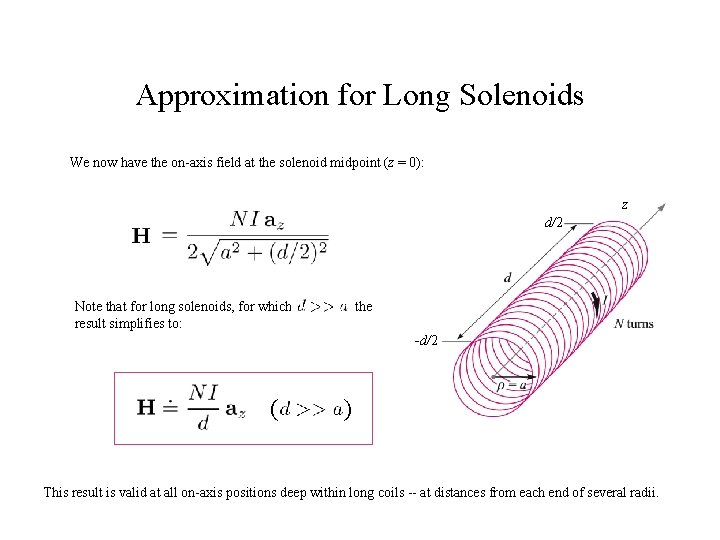 Approximation for Long Solenoids We now have the on-axis field at the solenoid midpoint