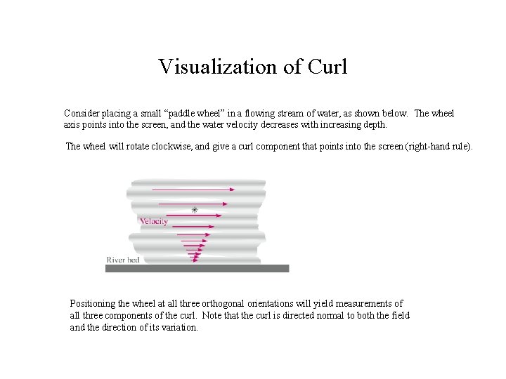 Visualization of Curl Consider placing a small “paddle wheel” in a flowing stream of