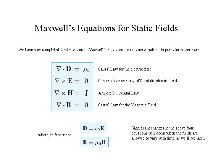 Maxwell’s Equations for Static Fields We have now completed the derivation of Maxwell’s equations