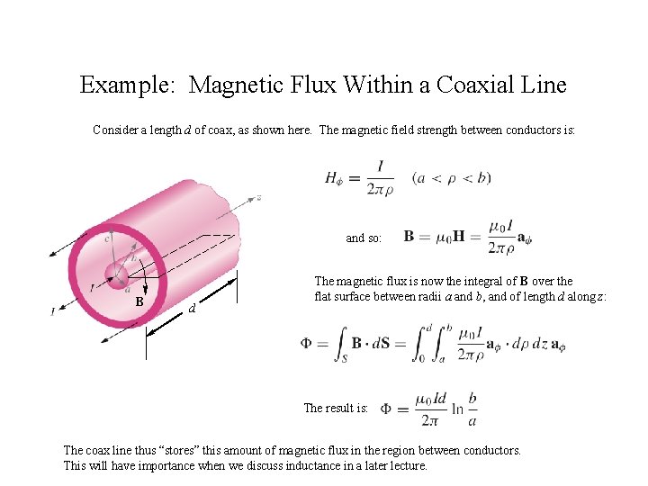 Example: Magnetic Flux Within a Coaxial Line Consider a length d of coax, as